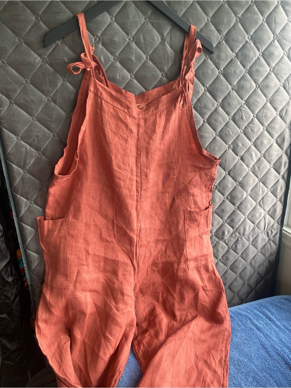 Meo Meli Italy Terracotta 100%Linen Wide Leg Jumpsuit Overalls Lagenlook Boho OS
